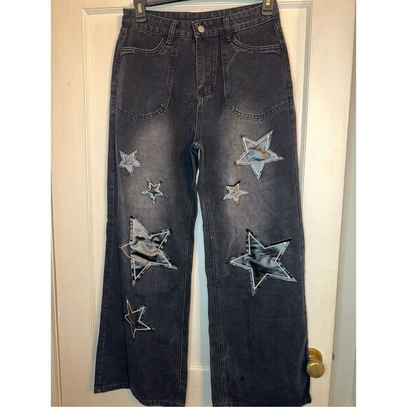 Y2K Streetwear Printed Star Patchwork  Baggy Jeans wide legged size Large L 8 - - Picture 1 of 9